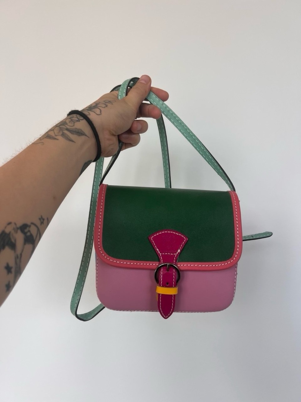 Genuine Leather Colorblock Green and Pink Crossbody Bag